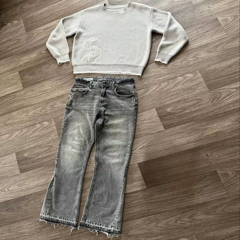 2 Pcs Set Y2K Autumn Winter Retro Knitted Sweater Jeans Suit Trendy Hip Hop Dollar Logo Embroidery Streetwear Unisex Baggy Set