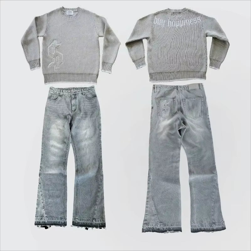 2 Pcs Set Y2K Autumn Winter Retro Knitted Sweater Jeans Suit Trendy Hip Hop Dollar Logo Embroidery Streetwear Unisex Baggy Set