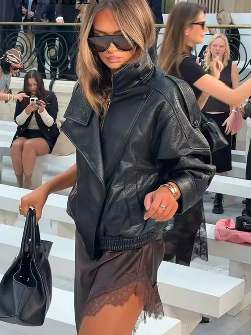 TFMLN Chic Black Faux Leather Jackets Women Long Sleeve Buttons Elastic Oversized Coats Fashion 2025 Autumn Winter Streetwear