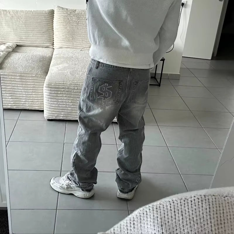 2 Pcs Set Y2K Autumn Winter Retro Knitted Sweater Jeans Suit Trendy Hip Hop Dollar Logo Embroidery Streetwear Unisex Baggy Set